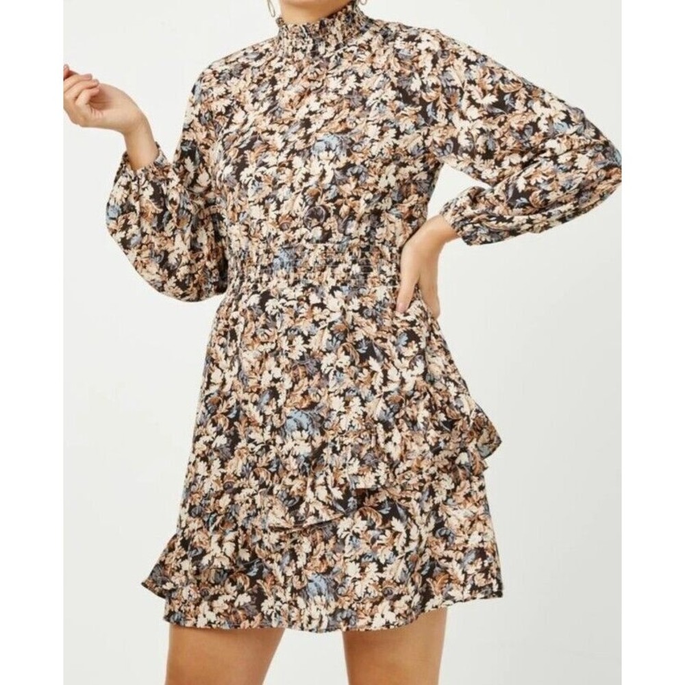 HAYDEN LOS ANGELES FOLIAGE PRINT LONG SLEEVE COLLAR ASYMMETRIC DRESS SZ L